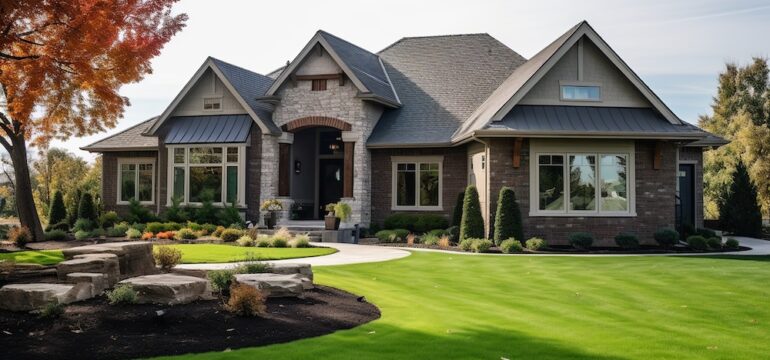 New luxury home with lush landscape design and walkway to a ornate porch.