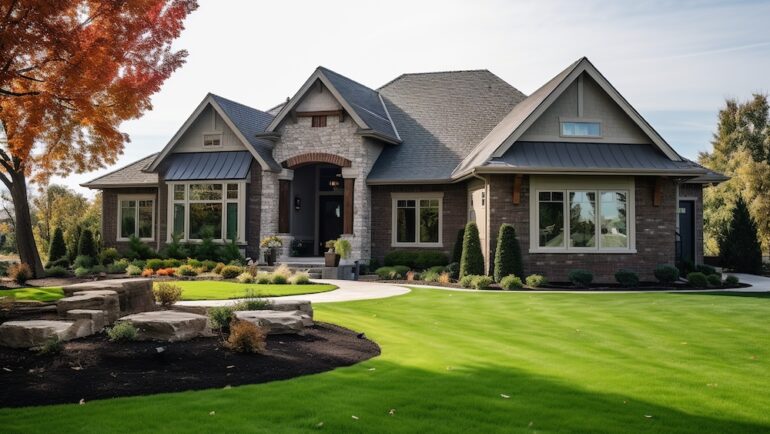 New luxury home with lush landscape design and walkway to a ornate porch.