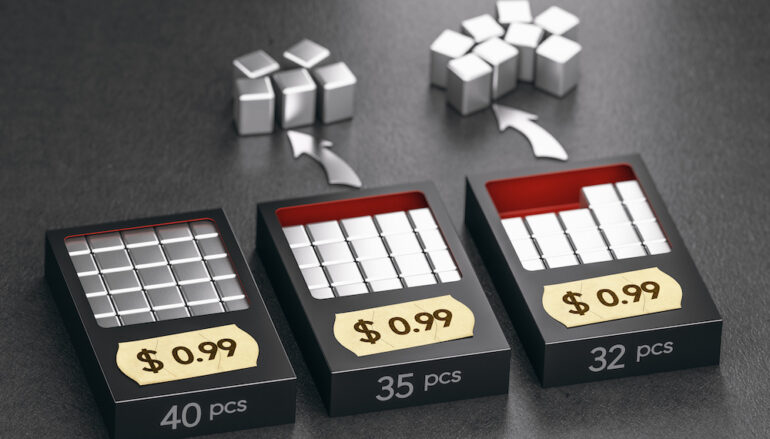 Economics concept of Shrinkflation. A 3D illustration of three packages with the same price but with a smaller quantity of product.