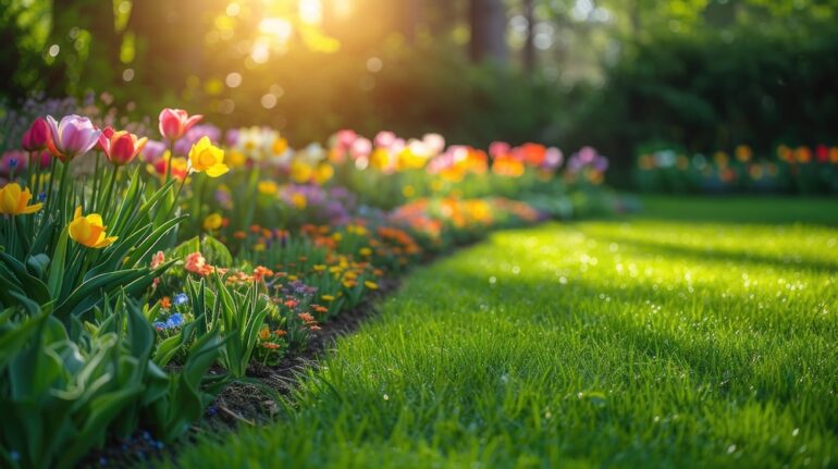 A beautiful, well-kept spring garden with a healthy lawn emphasizes the full bloom of flowers in the border. A diverse floral spectrum of tulips, daffodils, and hyacinths.