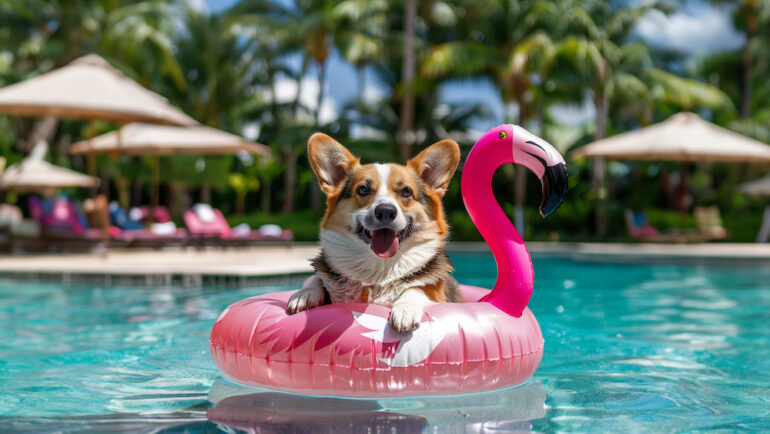 Dog in floating flamingo tube in a pool to demonstrate how to keep your pets cool in the summertime.
