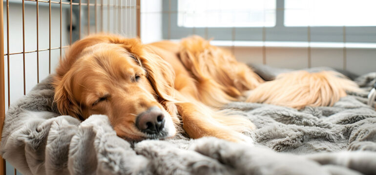 A dog relaxing on a blanket in a pet boarding facility.