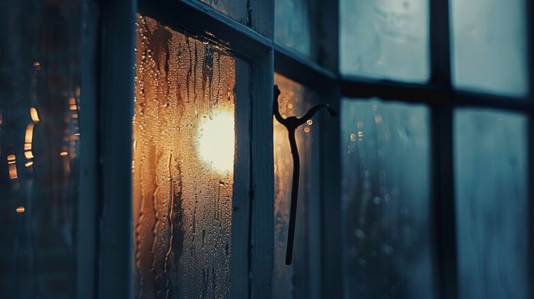 Close-up of window fog through which the following is seen: dim streetlight outside, soft light, detailed texture, great detail, and on a dark, mysterious-looking night.