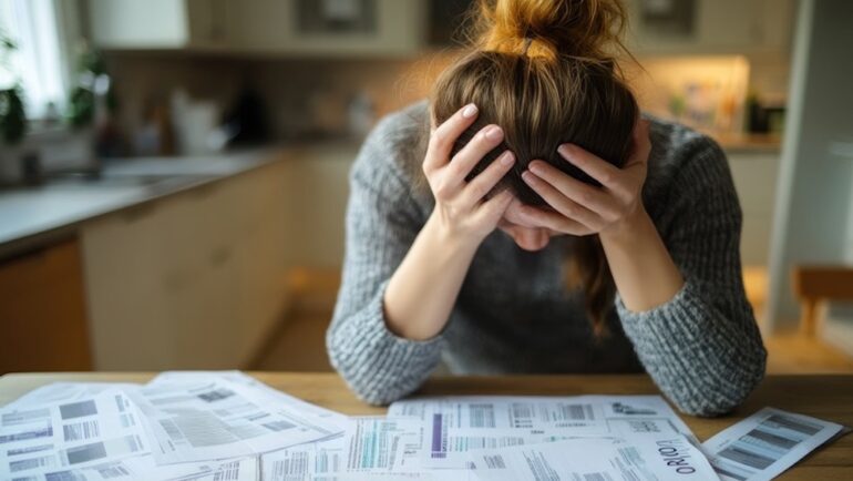 A woman overwhelmed by a pile of bills left by her deceased spouse's debts.