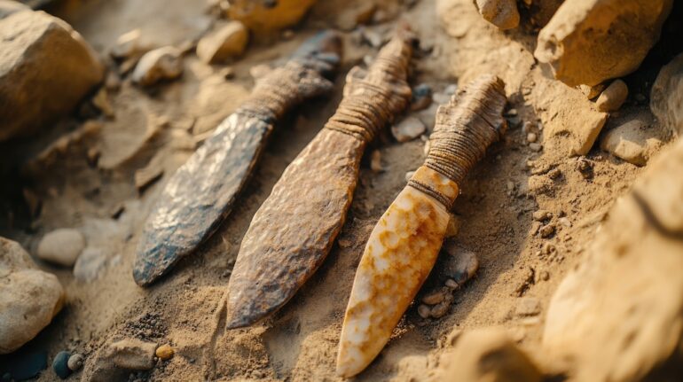 Close-up of prehistoric bone tool artifacts, showcasing their usage and craftsmanship.
