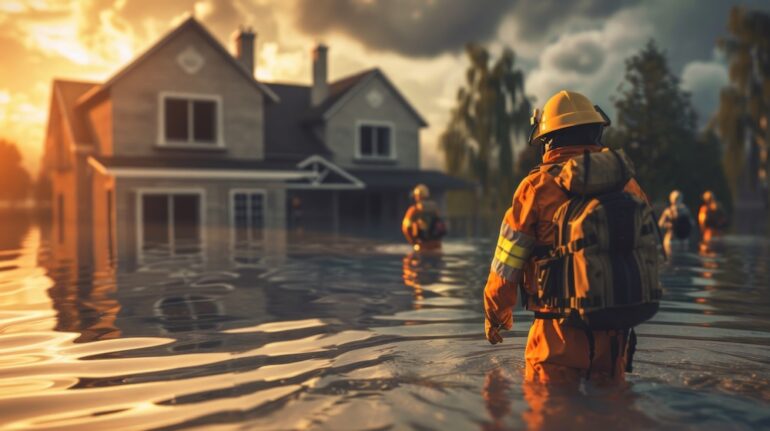 Emergency workers evacuate people from flooded coastal homes with rising sea levels in the background.