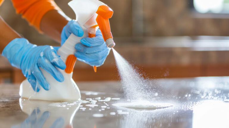 Close-up of housekeeper's hands spraying cleaning solution on a surface to get rid of pathogens in the home.