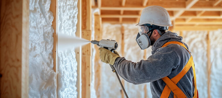 Worker spraying foam insulation on the interior wall during construction.