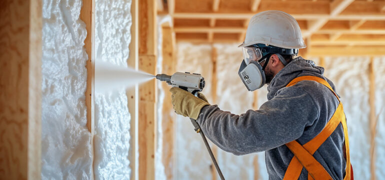 Worker spraying foam insulation on the interior wall during construction.