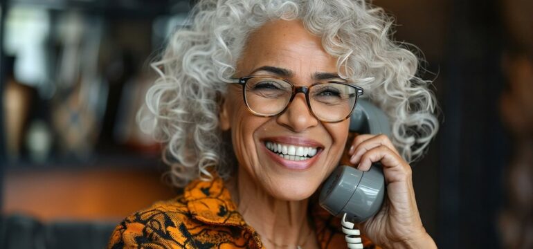 Senior woman smiling and laughing while having a conversation on a landline phone, wearing eyeglasses and looking beautiful. Example of a typical user of landlines in their home.