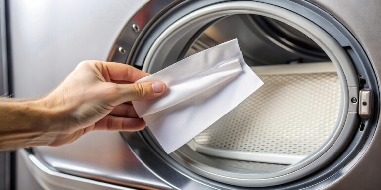 Dryer sheet being inserted into a dryer , laundry, cleaning, household, fabric softener