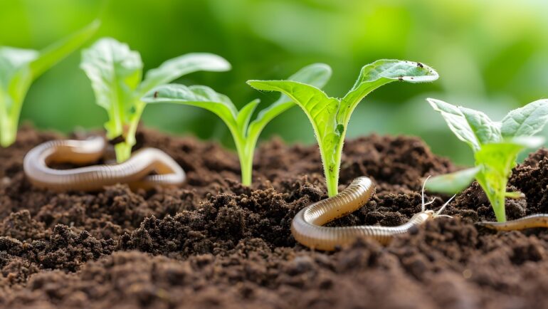 Lush vegetable garden with earth worms to improve the soil.