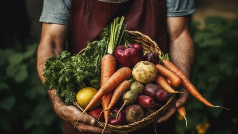 Homesteading lifestyle homeowner holding a freshly harvested basket of vegtables.
