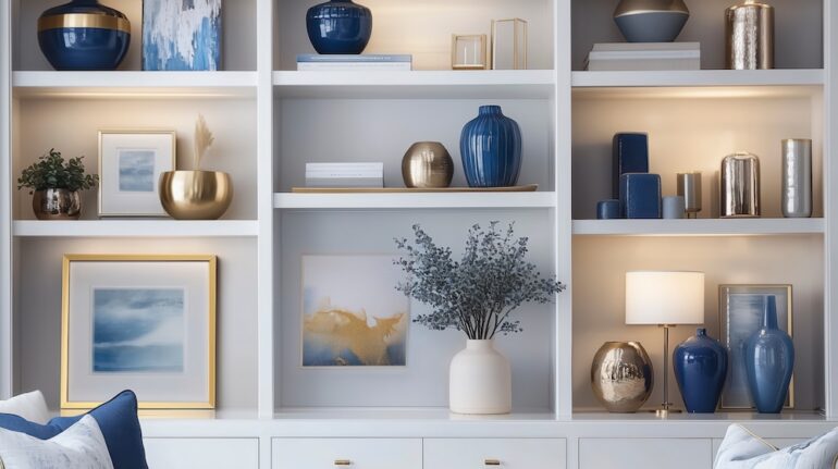 Example of home decorating style with beautiful blue modern home office wall shelving.