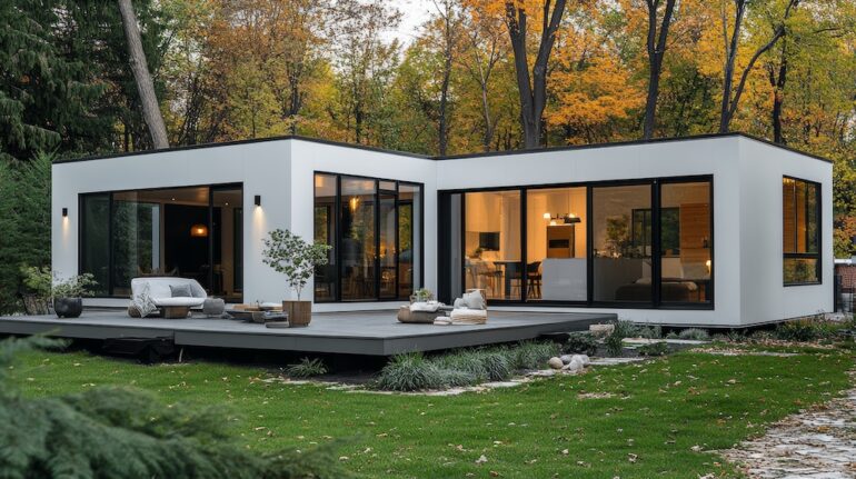 Modular, Mobile, and Manufactured Housing concept example with white smooth exterior, geometric shapes, recessed doorways, captured in bright natural daylight, and minimalist design.