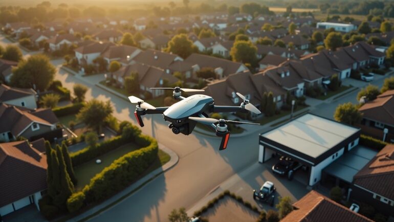 A drone captured in flight over a suburban neighborhood at sunset, showcasing rooftops and greenery.