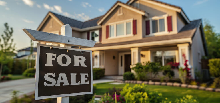 Home for sale with a for sale sign in front of a house. Owners timing the market for home sale.