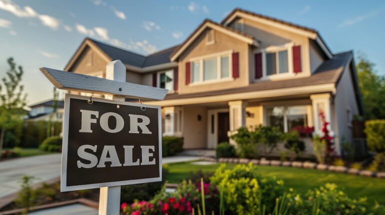 Home for sale with a for sale sign in front of a house. Owners timing the market for home sale.
