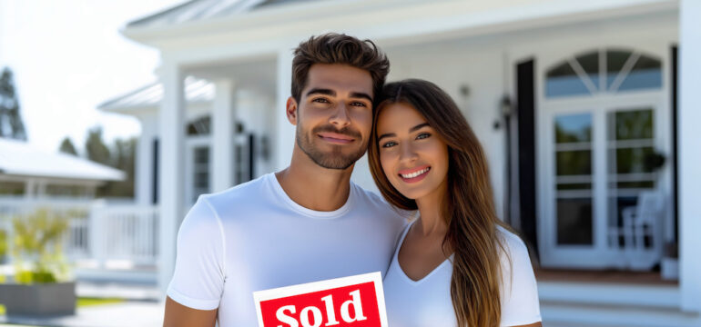 A young couple smiling with a sold sign outside their house. Reasons to sell your home concept.