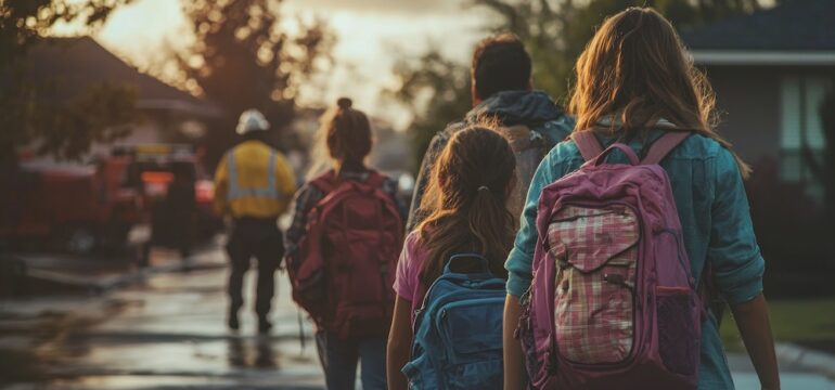A family of four walking calmly with backpacks, evacuating their home due to a natural disaster, with emergency workers in the background.