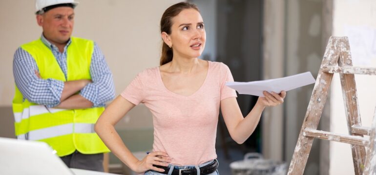 Frustrated young adult female designer arguing with male worker about subpar contractor work while examining indoor construction site.