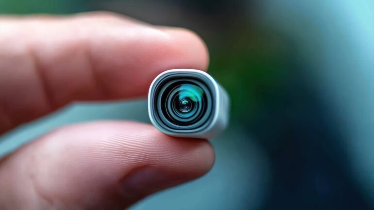 These types of hidden cameras may appear in a rental property—a photo of a lens held between fingers in a macro shot.
