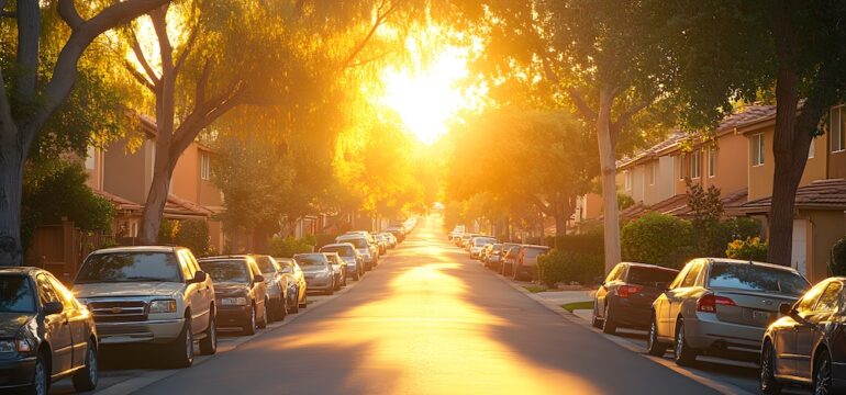 Suburban neighborhood with street parking and affordable housing designs.