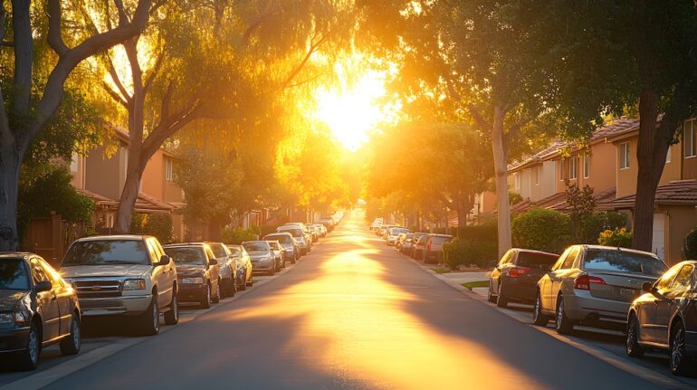 Suburban neighborhood with street parking and affordable housing designs.