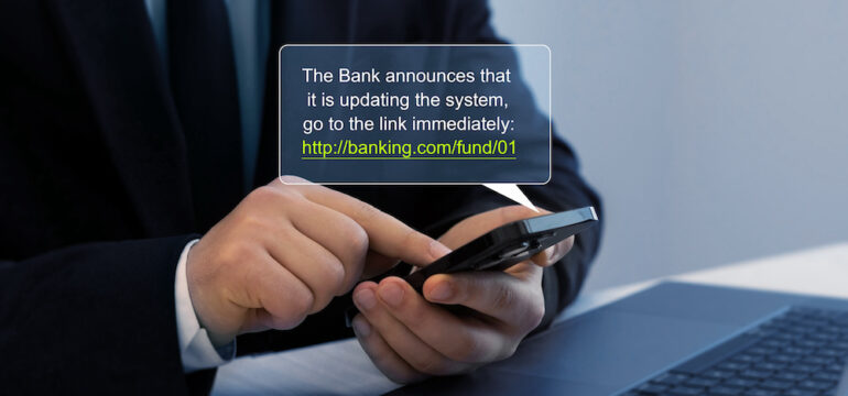 Bank fraud through phone messages. A businessman holding a phone with an impostor scams messages displayed.