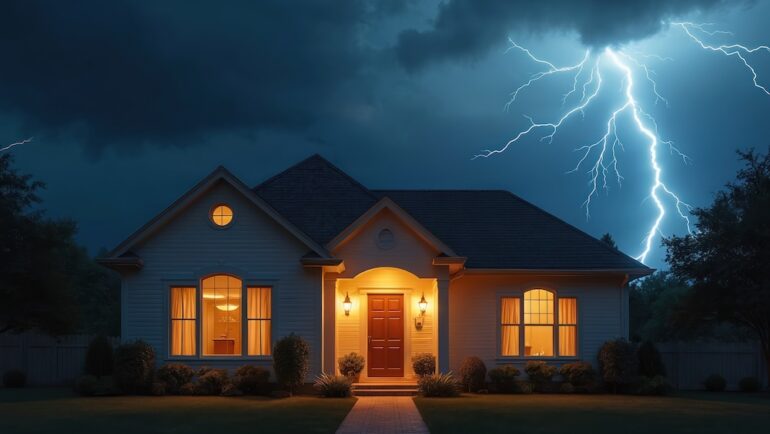 Dramatic lightning strikes near the house during a dark thunderstorm. Night scene of extreme weather with bright flashes illuminating the sky, home, and neighborhood to highlight the need for lightning rods.