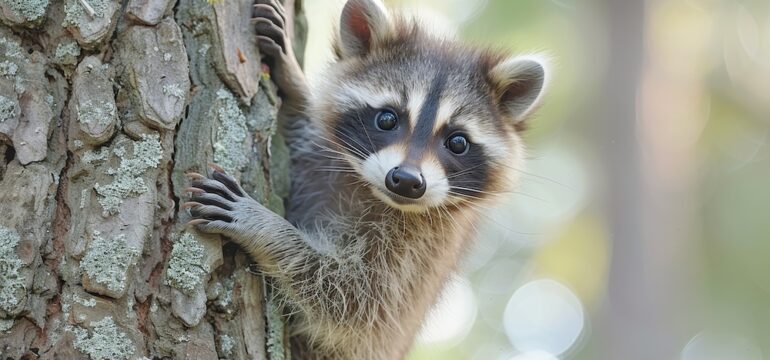 Baby wildlife: A mischievous baby raccoon, climbing a tree in the backyard.