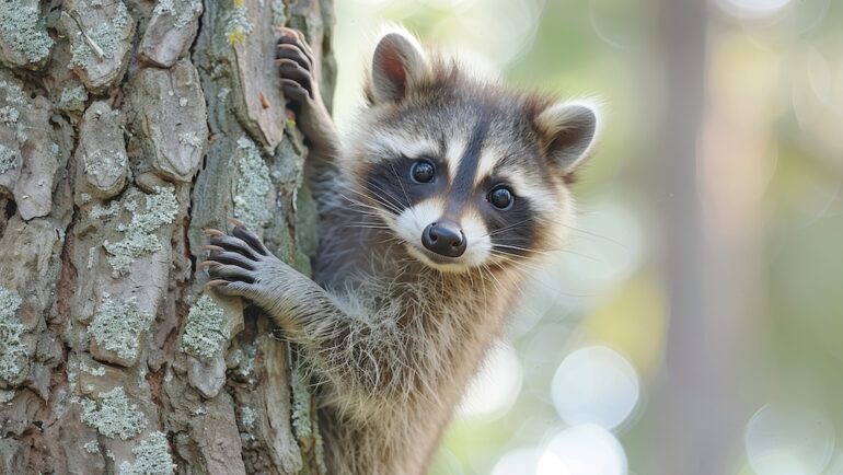 Baby wildlife: A mischievous baby raccoon, climbing a tree in the backyard.