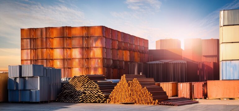 Image of imported steel and building materials on a loading dock to display the concept of how tariffs might affect the housing market.