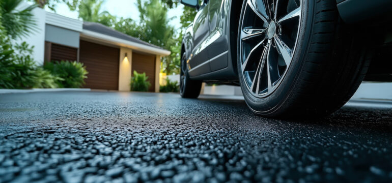 Close-up view of the wheel of a modern car parked on fresh driveway construction with a contemporary residential building and lush greenery in the background.