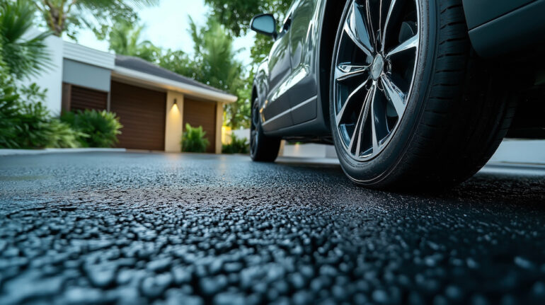 Close-up view of the wheel of a modern car parked on fresh driveway construction with a contemporary residential building and lush greenery in the background.
