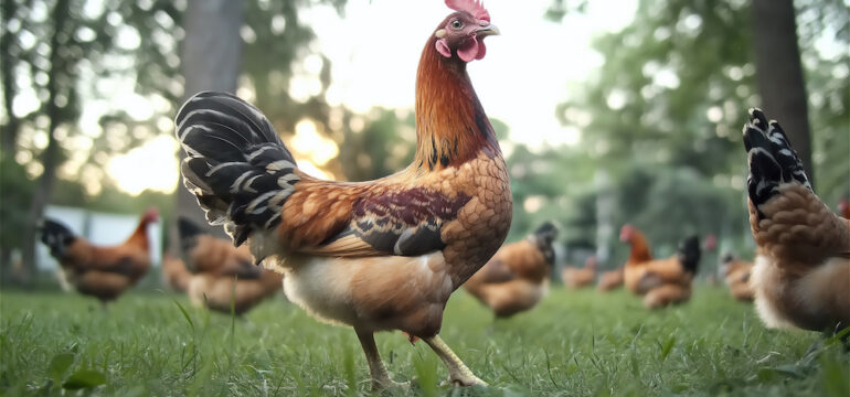 Free-range roosters and hens on green grass in a farm yard showcasing potential features that may be considered permitted activities.