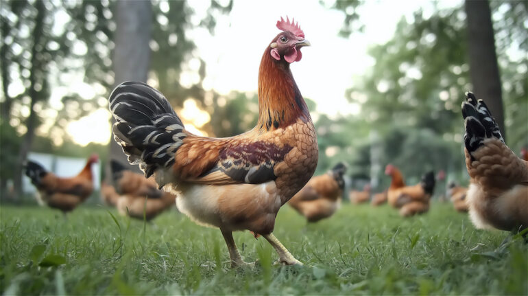 Free-range roosters and hens on green grass in a farm yard showcasing potential features that may be considered permitted activities.