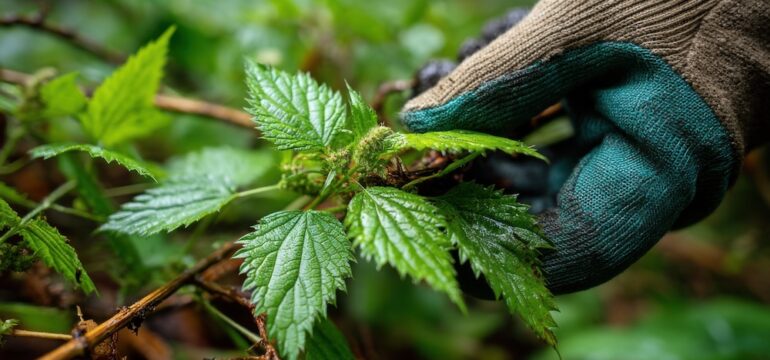 A gloved hand harvesting young nettle tops, which are skin-irritating plants.