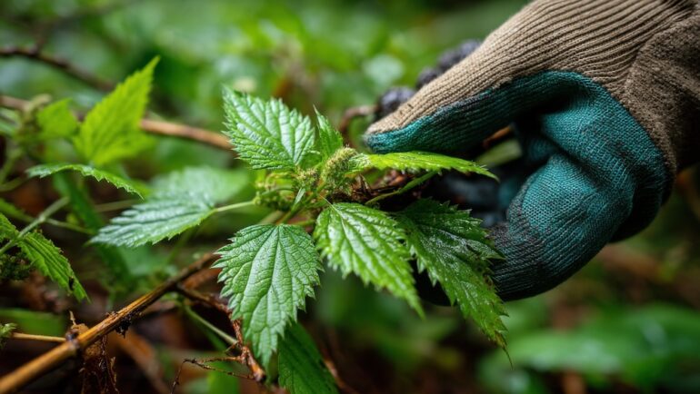 A gloved hand harvesting young nettle tops, which are skin-irritating plants.