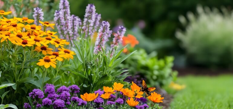 A lush, vibrant garden filled with a variety of colorful flowering plants, creating a serene and biodiverse environment that supports pollinators and other local wildlife.
