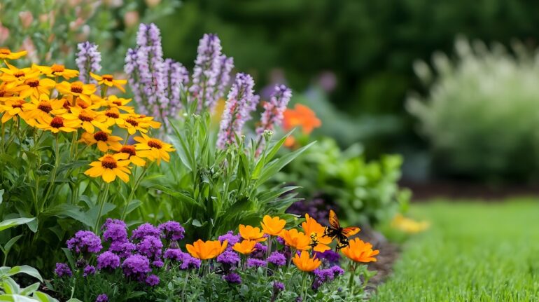 A lush, vibrant garden filled with a variety of colorful flowering plants, creating a serene and biodiverse environment that supports pollinators and other local wildlife.