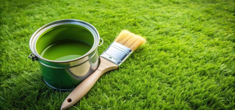 Paint can and brush tools used for grass painting on a background of plush green grass.