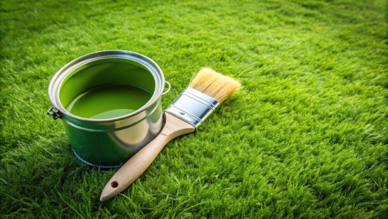 Paint can and brush tools used for grass painting on a background of plush green grass.