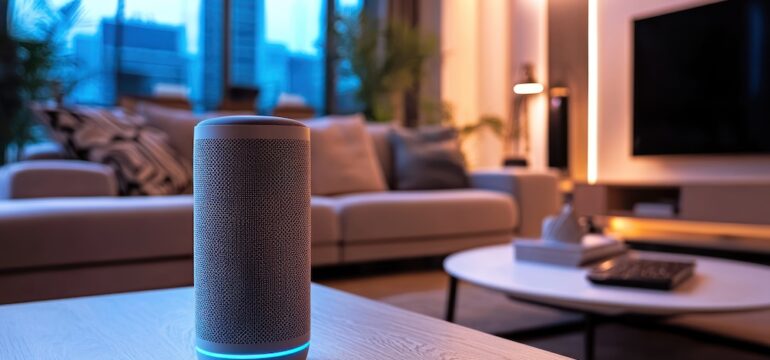 A smart device listening to voice commands in a modern living room.