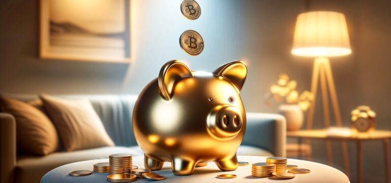 Photo of a gold piggy bank with coins to represent the idea of crypto-backed mortgages.