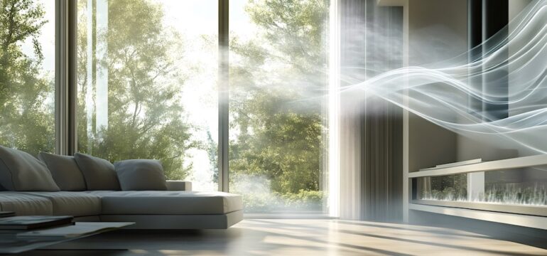 Concept of indoor air pollution blowing in a modern living room.
