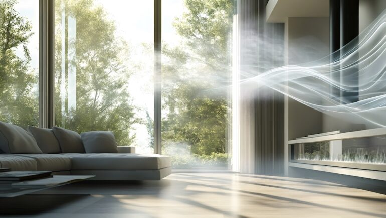 Concept of indoor air pollution blowing in a modern living room.