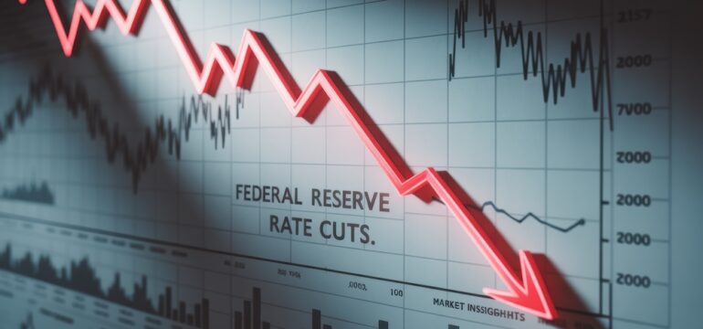 Chart displays the Federal Reserve rate cuts over time. Concept of the relationship of Fed rates and mortgage rates.