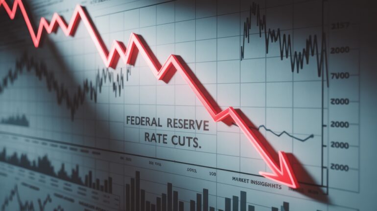 Chart displays the Federal Reserve rate cuts over time. Concept of the relationship of Fed rates and mortgage rates.