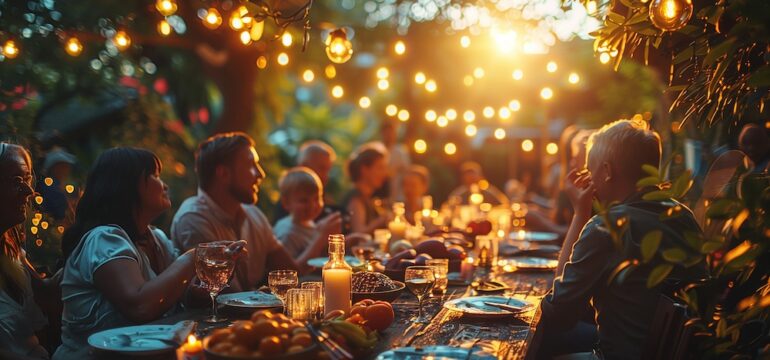 Guests around a table at an evening backyard party. Concept of renting your property for events and parties.